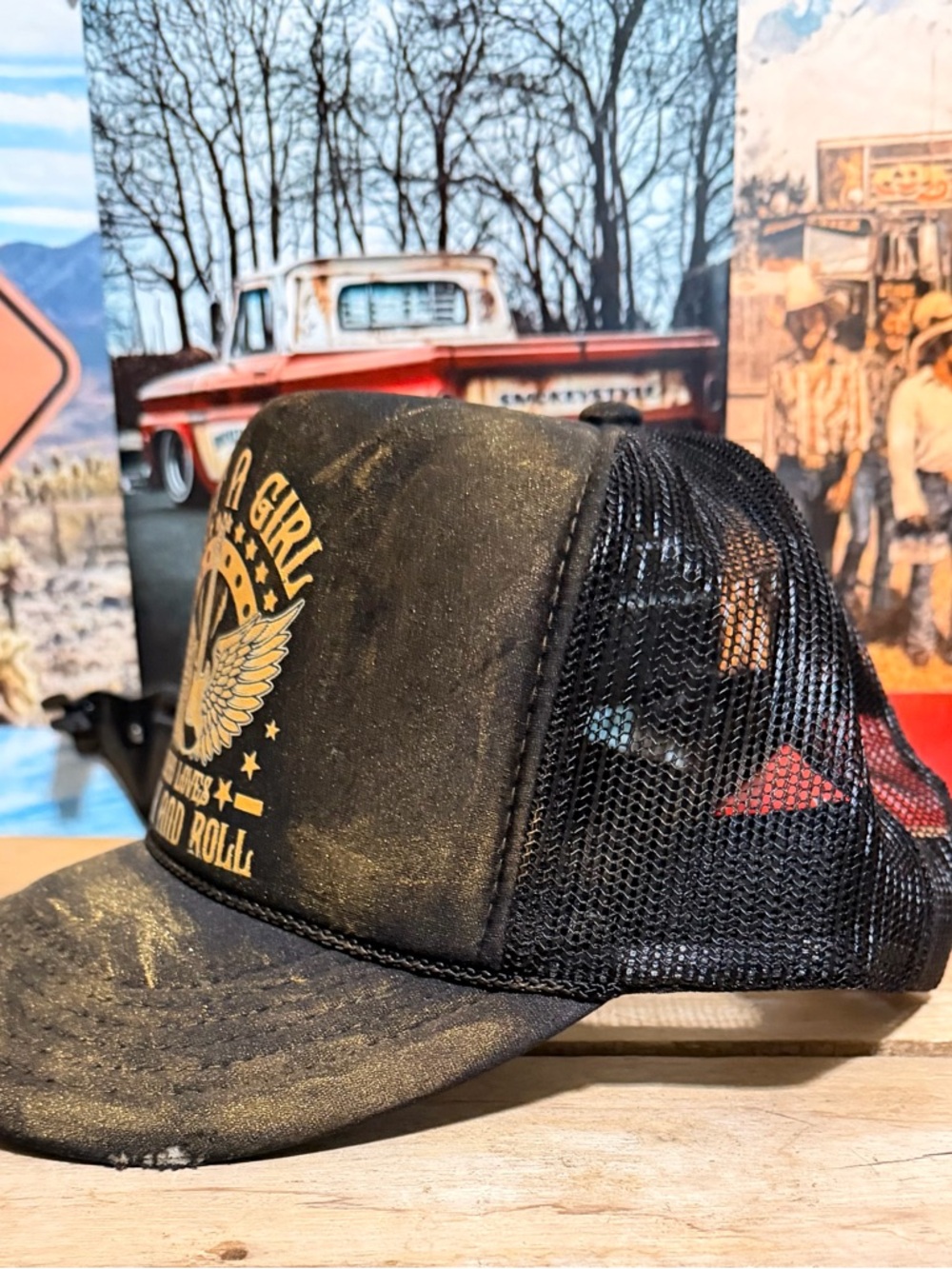 "Just A Girl Who Loves Rock and Roll" Trucker Hat - Black & Gold - Picture 2 of 2